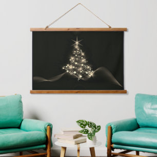 Golden Shine of Stars on Christmas Tree Dark Hanging Tapestry
