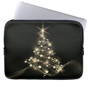 Golden Shine of Stars on Christmas Tree Dark Laptop Sleeve