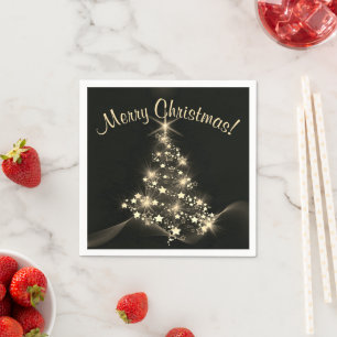 Golden Shine of Stars on Christmas Tree Dark Napkin