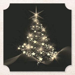 Golden Shine of Stars on Christmas Tree Dark  Paper Coaster