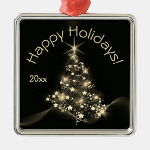 Golden Shine of Stars on Christmas Tree Dark Year Metal Ornament