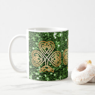 Golden Shining Celtic Shamrock Green Faux Glitter Coffee Mug