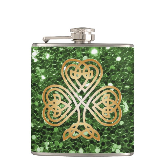 Golden Shining Celtic Shamrock Green Faux Glitter Hip Flask (Front)