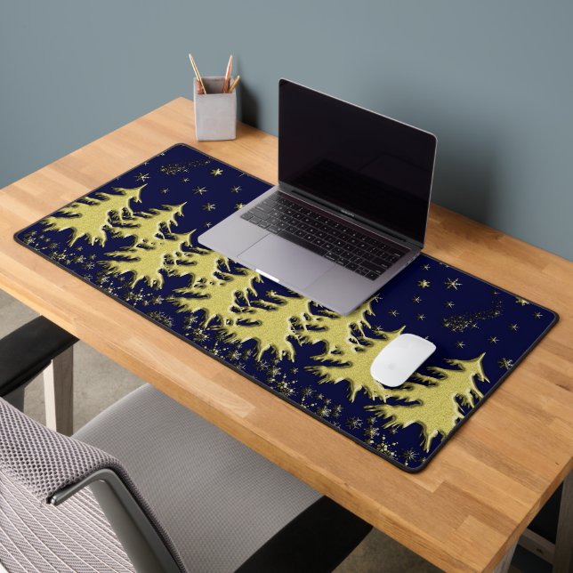Golden shiny Christmas tree on Stars Blue Sky Desk Mat (Office 2)