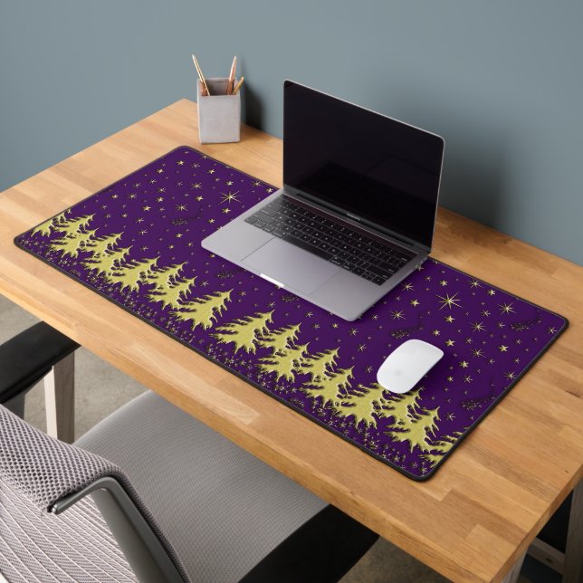 Golden shiny Christmas tree on Stars Purple Sky Desk Mat (Office 2)