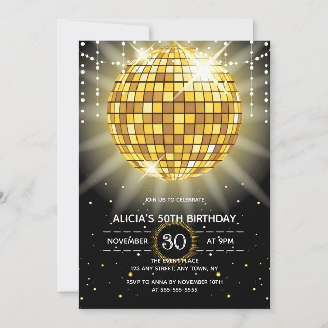 Golden Shiny Disco Ball Black Birthday Invitation (Front)