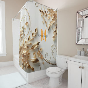 Golden Shiny Orange Monogram Modern Script Wedding Shower Curtain