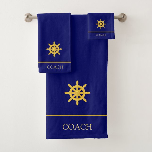Golden Ship Steering Wheel & Text on Blue Bath Towel Set (Insitu)