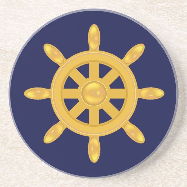 Golden ship wheel on navy blue coaster (Front)