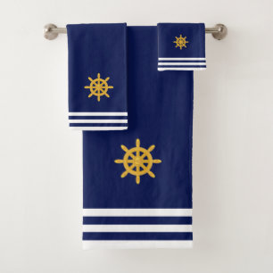 Golden Ship Wheel & Stripes on Navy Blue Bath Towel Set