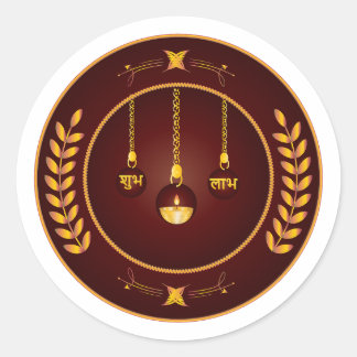 Golden Shubh Labh Diya Classic Round Sticker