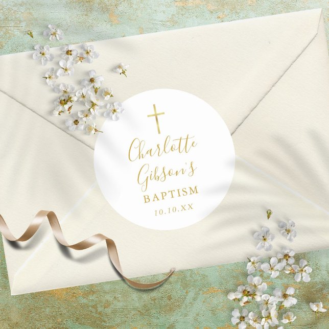 Golden Signature Gold Cross Baptism Christening Classic Round Sticker (Creator Uploaded)