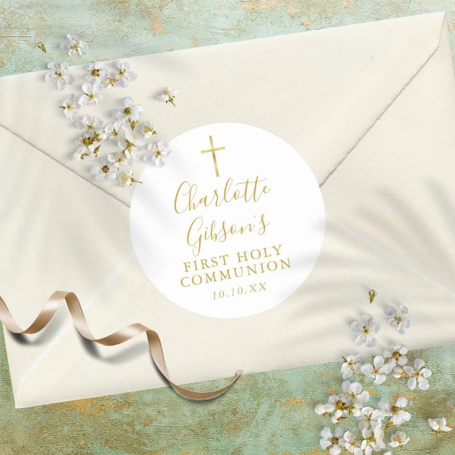 Golden Signature Gold Cross First Holy Communion Classic Round Sticker (Creator Uploaded)