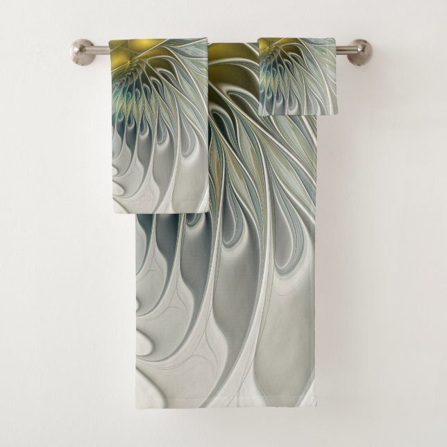 Golden Silver Flower Fantasy abstract Fractal Art Bath Towel Set (Insitu)