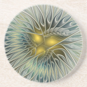 Golden Silver Flower Fantasy Abstract Fractal Art Coaster