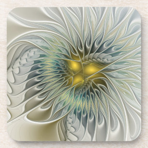 Golden Silver Flower Fantasy Abstract Fractal Art Coaster