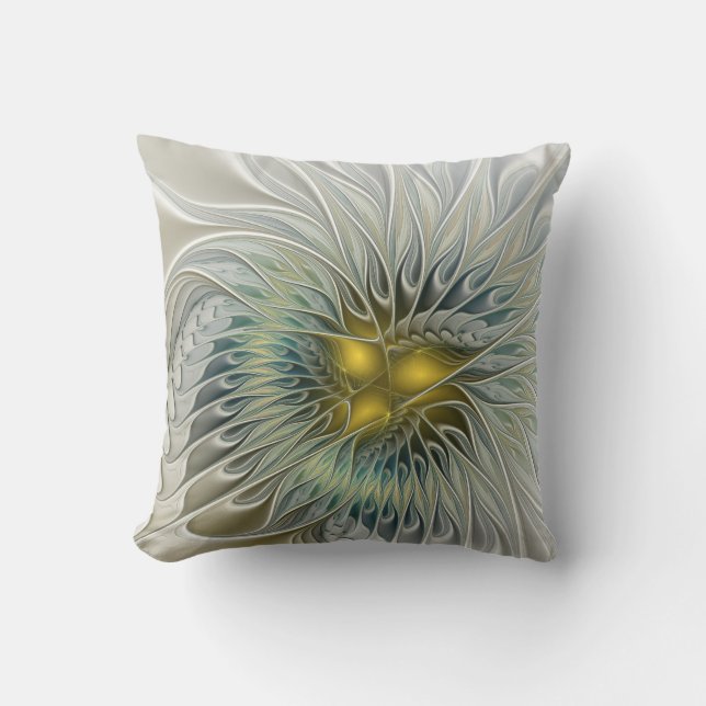 Golden Silver Flower Fantasy abstract Fractal Art Cushion (Front)