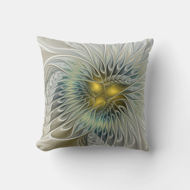 Golden Silver Flower Fantasy abstract Fractal Art Cushion (Front)
