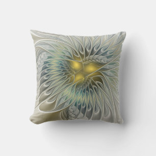 Golden Silver Flower Fantasy abstract Fractal Art Cushion