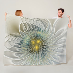 Golden Silver Flower Fantasy abstract Fractal Art Fleece Blanket