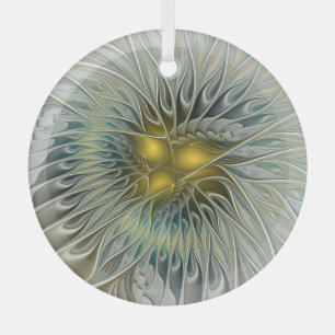 Golden Silver Flower Fantasy Abstract Fractal Art Glass Tree Decoration