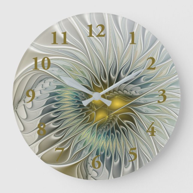 Golden Silver Flower Fantasy abstract Fractal Art Large Clock (Front)