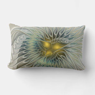 Golden Silver Flower Fantasy abstract Fractal Art Lumbar Cushion