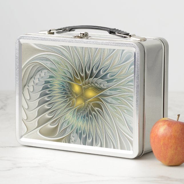Golden Silver Flower Fantasy abstract Fractal Art Metal Lunch Box (In Situ)