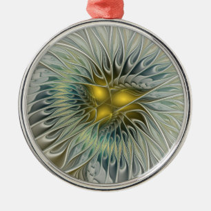Golden Silver Flower Fantasy Abstract Fractal Art Metal Ornament