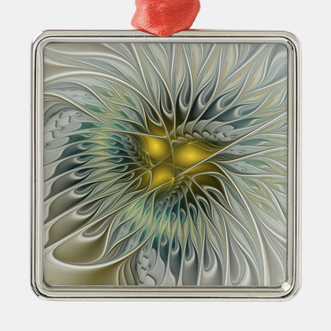 Golden Silver Flower Fantasy Abstract Fractal Art Metal Ornament (Front)