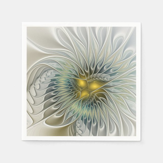 Golden Silver Flower Fantasy abstract Fractal Art Napkin (Front)