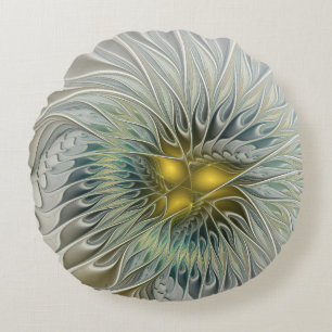 Golden Silver Flower Fantasy abstract Fractal Art Round Cushion
