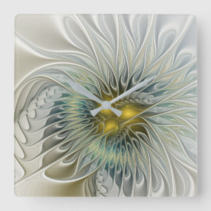 Golden Silver Flower Fantasy abstract Fractal Art Square Wall Clock