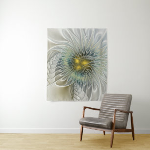 Golden Silver Flower Fantasy abstract Fractal Art Tapestry