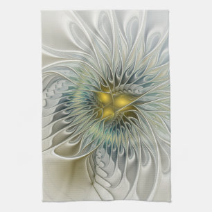 Golden Silver Flower Fantasy Abstract Fractal Art Tea Towel