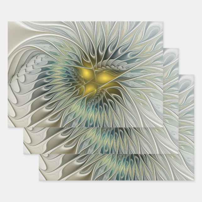 Golden Silver Flower Fantasy abstract Fractal Art Wrapping Paper Sheet (Set)