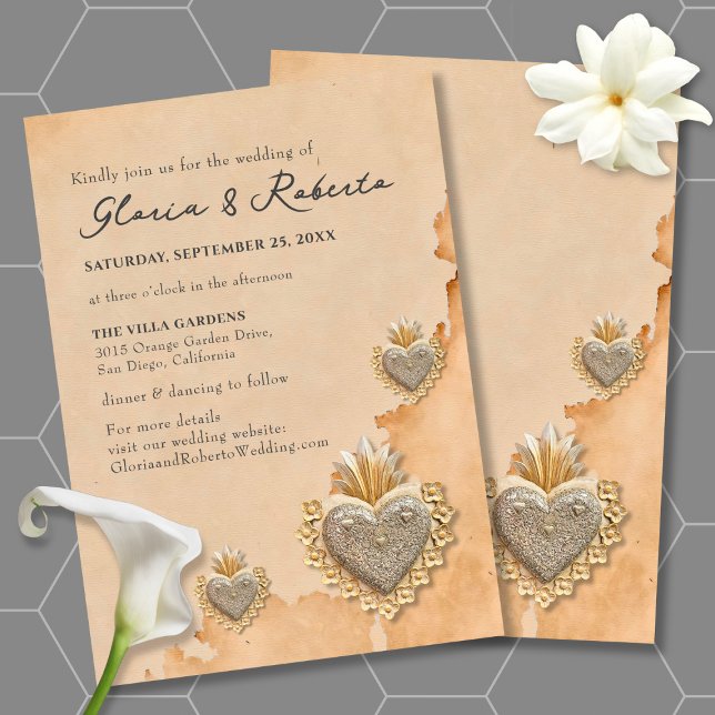 Golden Silver Milagros Heart Mexican Wedding Invitation (Creator Uploaded)
