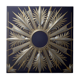 Golden Silver Ornate Starburst Ceramic Tile