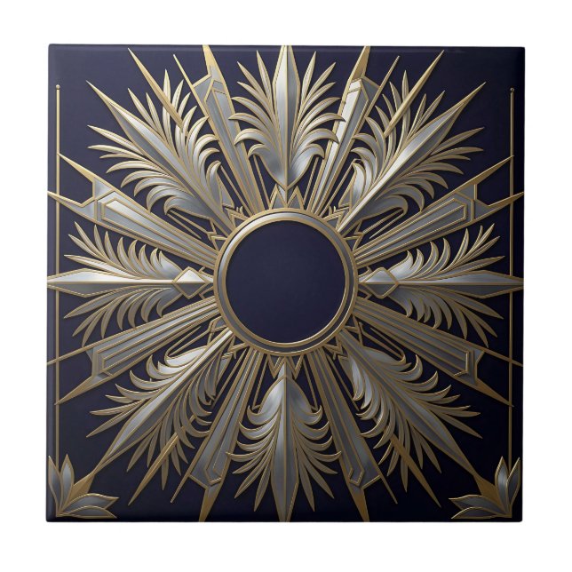 Golden Silver Ornate Starburst Ceramic Tile (Front)