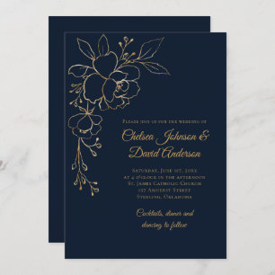 Golden Sketched Roses on Dark Blue Wedding Invitation