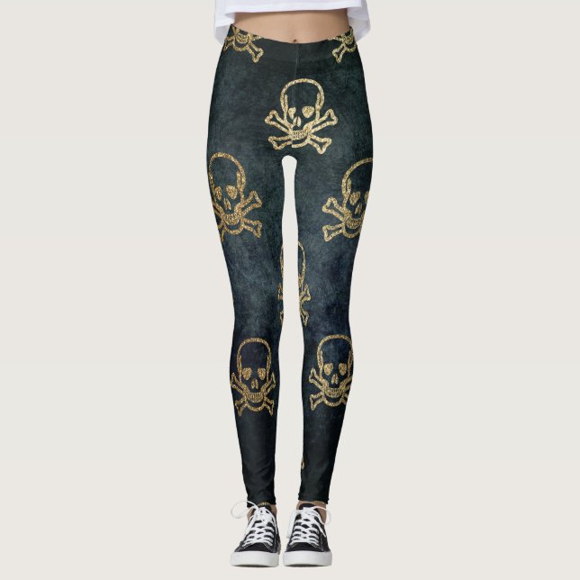 Golden skull and crossbones Halloween pattern Leggings (Front)