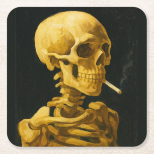 Golden Skull Smoking – Unique Van Gogh Inspired Square Paper Coaster