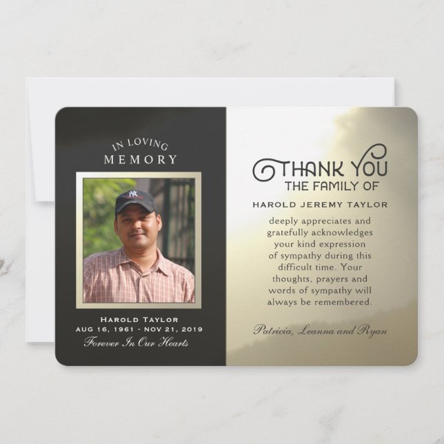 Golden Sky Custom Photo In Memory Thank You Card (Front)