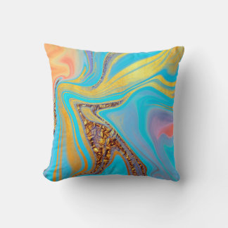 Golden Sky Flow – Blue & Gold Fluid Art Pattern Cushion