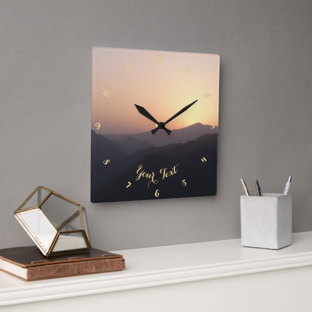 Golden Sky Sunrise in the Mountains Nature Photo Square Wall Clock (Office)