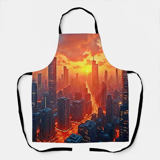 Golden Skyline: Radiant City Sunset Art Apron (Front)