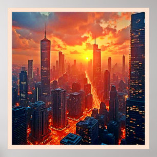Golden Skyline: Radiant City Sunset Art Poster