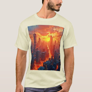 Golden Skyline: Radiant City Sunset Art T-Shirt