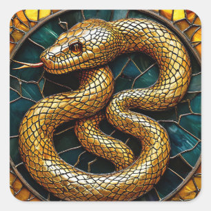 Golden snake stained glass square sticker