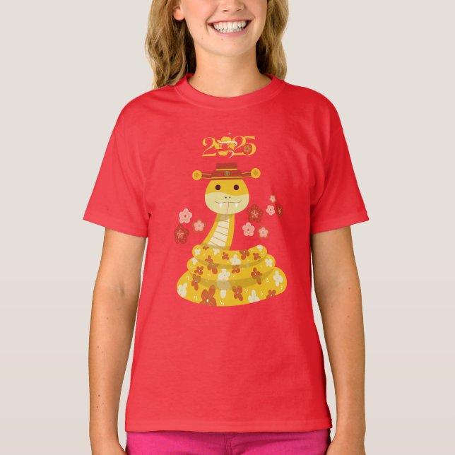 Golden Snake with Flowers Lunar New Year T-Shirt (Front)